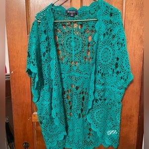 Roaman’s 22 / 24 / 1X Turquoise / Teal Medallion Crochet Cardigan Shrug NWOT
